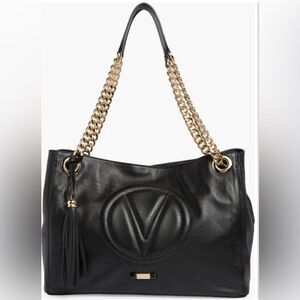 VALENTINO BY MARIO VALENTINO quilted logo black leather tote gold chain hardware
